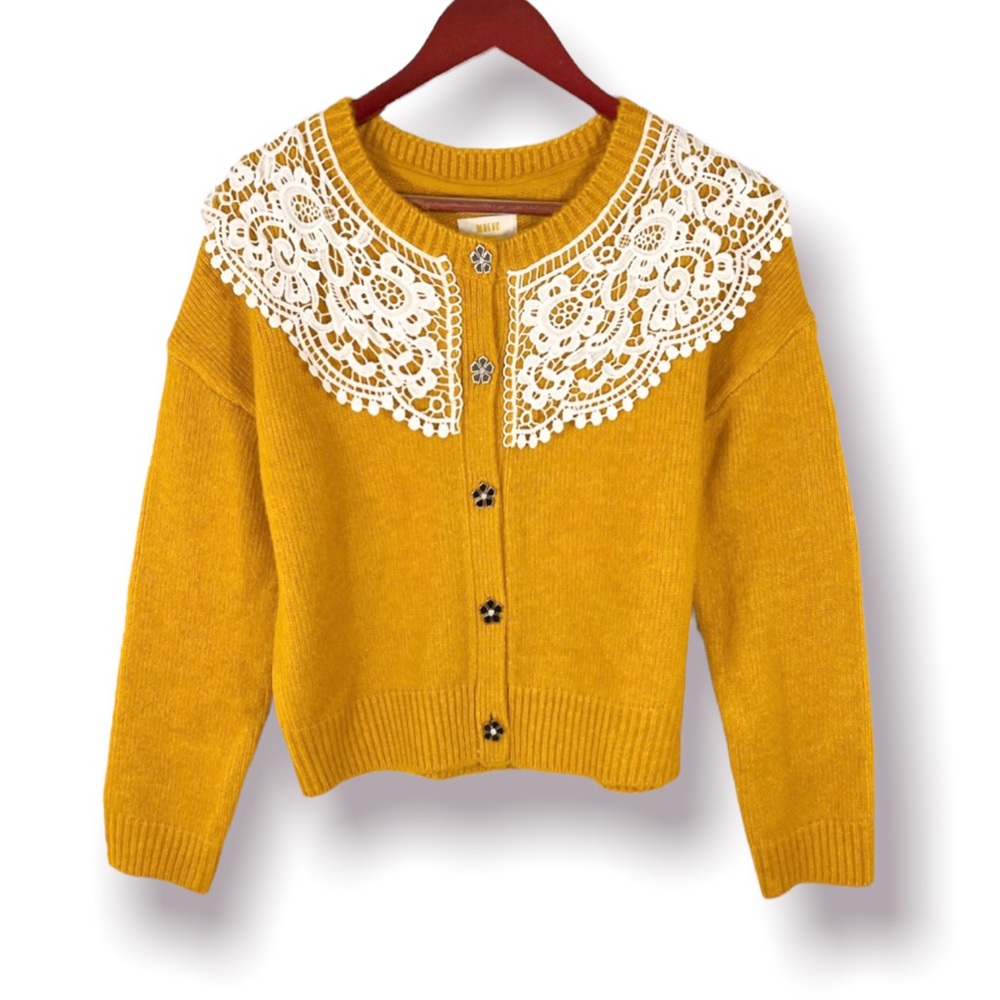 Anthropologie | Maeve Lace Collar Gold Cardigan Small NWT